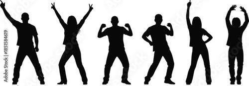 Dancing silhouette group, expressive pose vector, celebration moment illustration, black design, human gesture art, joyful movement, party vibe concept