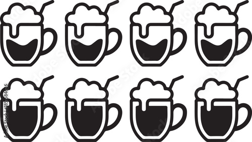 Hot chocolate simple vector icon set. christmas silhouette icons on black color and white background