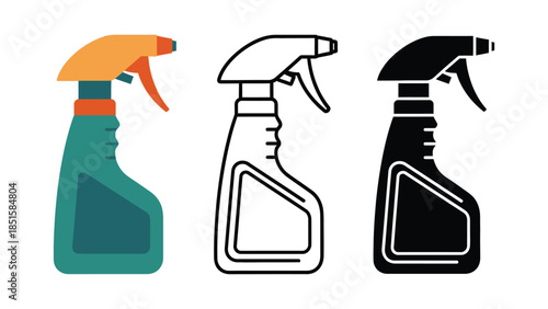 Three spray bottles are shown in different styles, including color, outline, and silhouette.