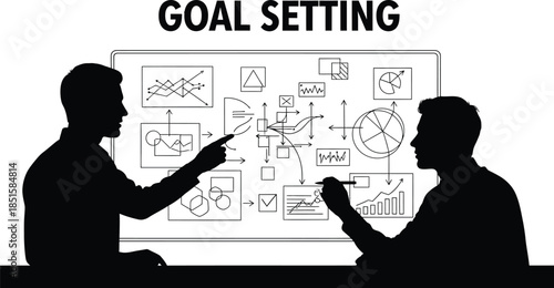 Silhouettes of two businessmen collaborating on a complex flowchart and data analysis for goal setting strategy