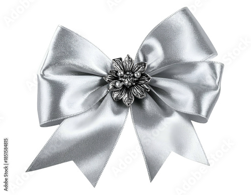 Elegant silver satin bow with ornate floral metal clasp