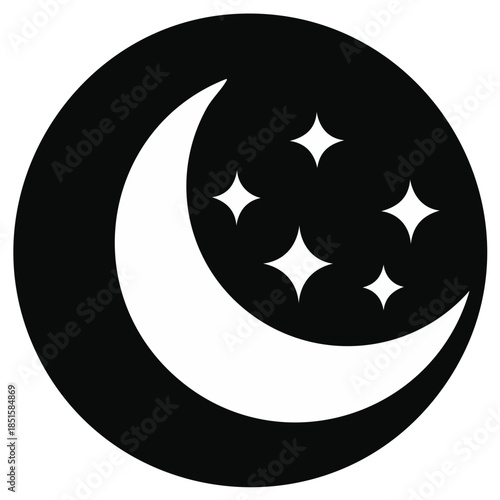 Night sky symbol with crescent moon and sparkling stars icon