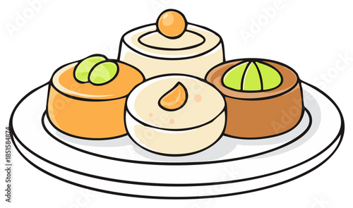 A plate of assorted cartoon-style pastries with nuts and fruit