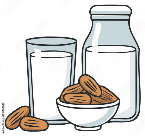 Fresh almond milk in glass and bottle with whole raw almonds healthy plant based vegan nutrition illustration