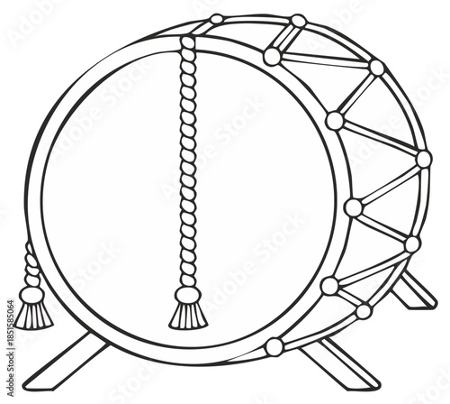 A large traditional drum on a stand black and white outline illustration for coloring book page