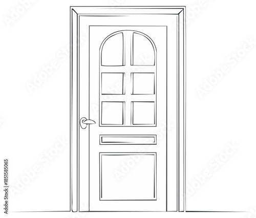 Minimalist outlined illustration of a wooden door with a glass pane