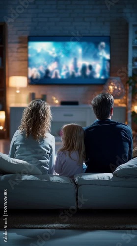 Family watching TV together on sofa in cozy living room, vertical video  
