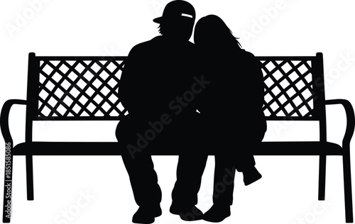 Romantic couple silhouette sitting on park bench, love and togetherness concept, peaceful outdoor moment, black vector illustration isolated on white background