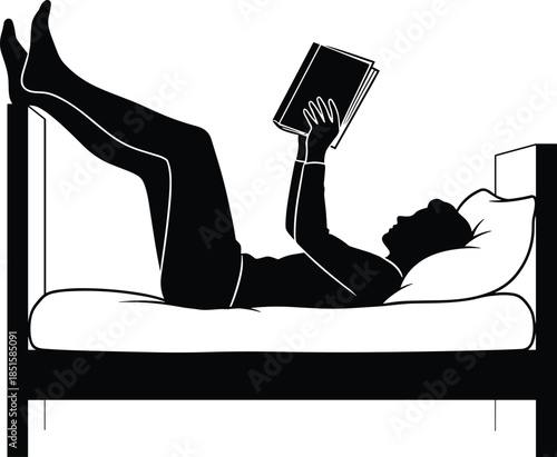 Reading in bed silhouette, relaxed posture vector, leisure moment illustration, black design, book lover concept, cozy lifestyle, minimalist artwork