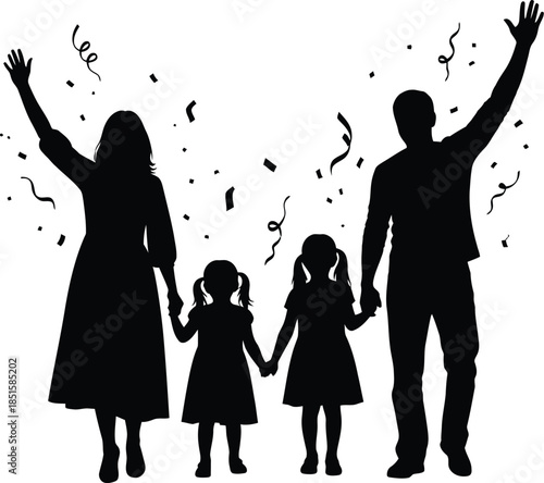 Silhouette of a happy family celebrating success with confetti falling around them in a joyful moment