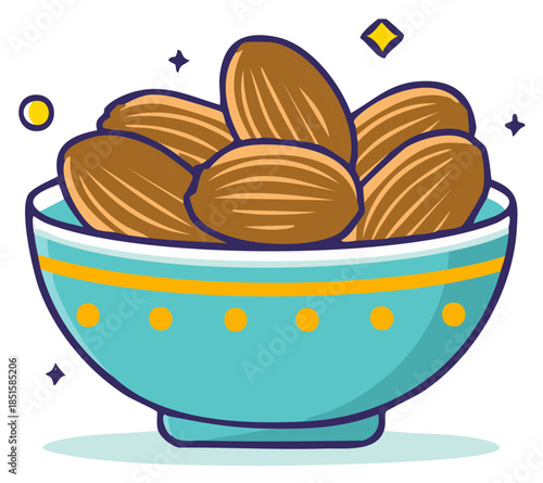 Cute bowl overflowing with brown almonds and decorative stars