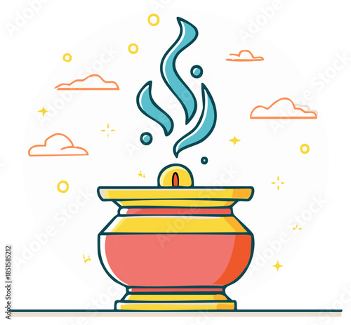 Colorful incense burner emitting fragrant smoke with decorative clouds and stars