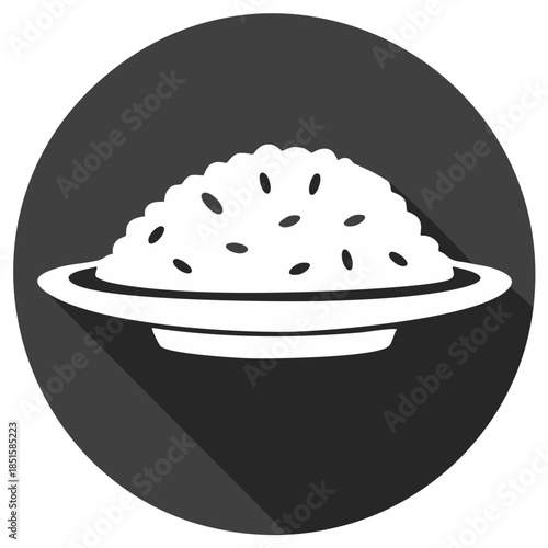 Iconic illustration of a white rice bowl with black grains in a flat design style with long shadow
