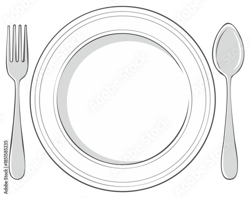 Simple line art illustration of an empty dinner plate with fork and spoon place setting