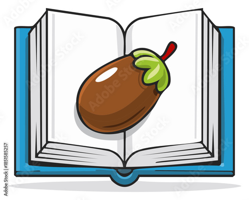 Open Book Displays Cartoon Eggplant Vegetable Learning and Nutrition Concept