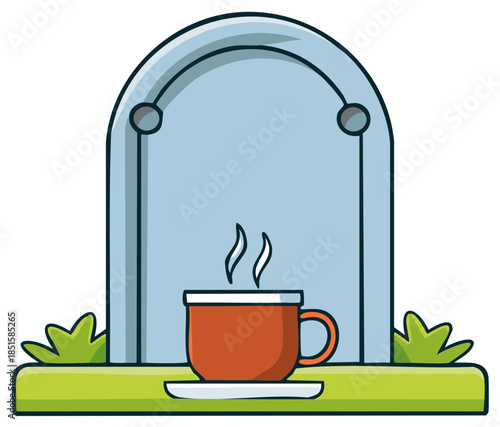 Funny Cartoon Tombstone with Steaming Coffee Mug as an Offering