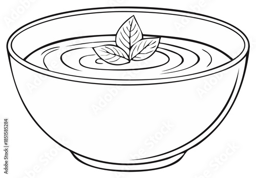 Line art of a bowl of soup with basil garnish and swirling liquid inside