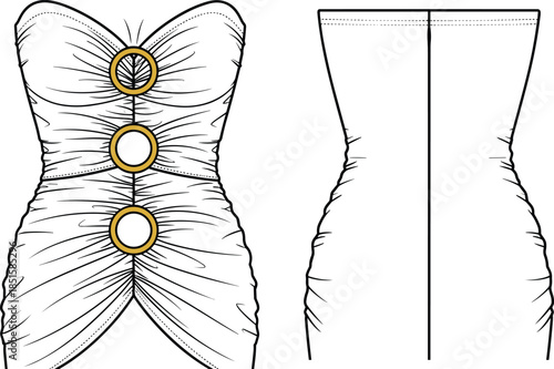 Technical flat vector illustration CAD drawing professional women's fashion ruched strapless mini dress design metal ring detailing fitted silhouette party evening template, cad drawing flat vector 