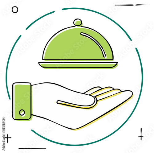 Open hand presenting a vibrant green food cloche for restaurant delivery and premium hospitality service illustration