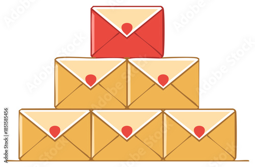 Six envelopes arranged in a pyramid illustration with one red letter prominently placed at the very top
