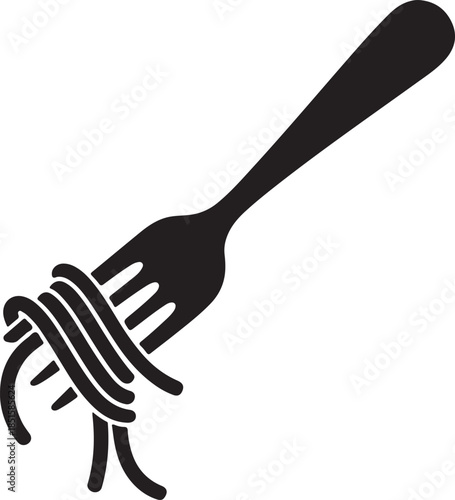 Minimalist black fork silhouette with white spaghetti noodles on plain background, elegant food concept in high-contrast design