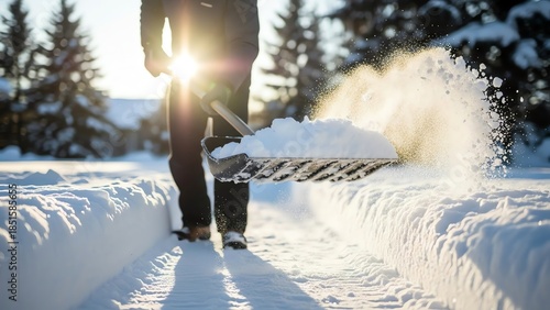 Man shoveling snow on a winter sidewalk