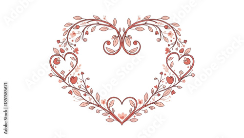Romantic heart shaped floral wreath with red flowers and leaves