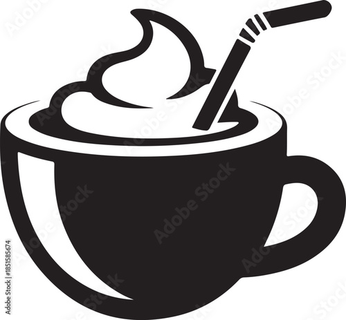 Minimalist black hot chocolate mug with whipped cream silhouette vector icon