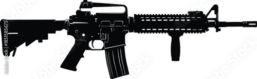 Assault rifle silhouette, M4 carbine vector, firearm component illustration, black weapon design, tactical gear concept, military equipment identification