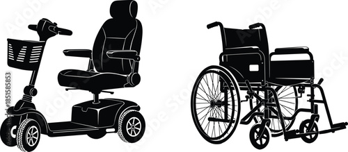 Mobility aid silhouette, wheelchair and scooter vector, personal transport design, disability support concept, black illustration, healthcare equipment comparison