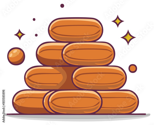 Pyramid stack of shiny orange vitamin pills and supplement capsules cartoon vector illustration