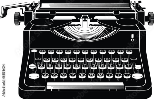 Vintage typewriter silhouette illustration, classic writing machine with detailed keys, retro journalism and literature concept, black vector isolated on white background
