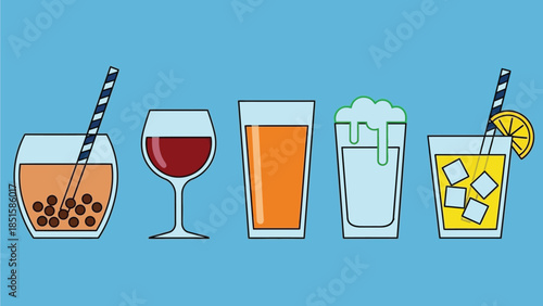 A collection of five different drinks and beverages are displayed side by side.