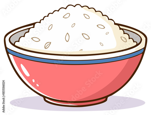Cooked white rice served in a cute red cartoon bowl with blue stripe food illustration