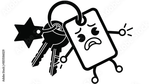 A sad cartoon keychain with keys attached is feeling distressed.