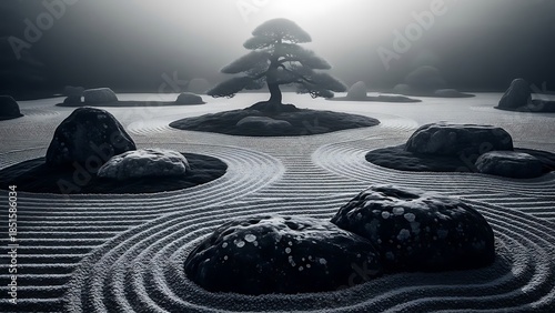 Serene Japanese zen garden with rocks and tree in misty atmosphere