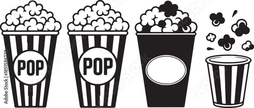 Popcorn bucket silhouette vector set, cinema snack icon collection, movie theater food illustration, striped box popcorn graphic for entertainment festival and film night