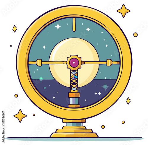 Golden magical astrolabe viewing a celestial night sky with a full moon and stars