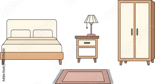 A minimalist illustration of a bedroom setup with a bed, nightstand, lamp, wardrobe, and rug on a white background with a simple and organized composition.