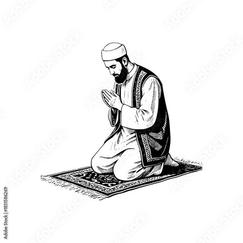 A Muslim who is praying to his god. Black white vector illustration.