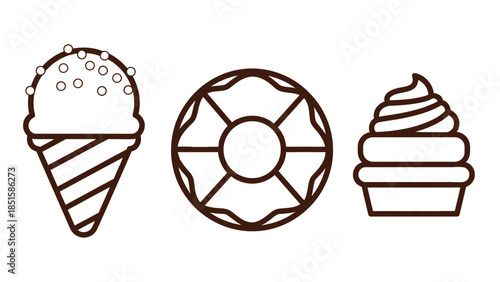 Three stylized treats including an ice cream cone, donut, and cupcake.