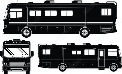 Motorhome RV silhouette set showing side and front views, recreational vehicle travel lifestyle concept, black vector illustration isolated on white background