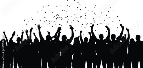 Silhouette of a cheering crowd celebrating with hands raised under falling confetti against a white background