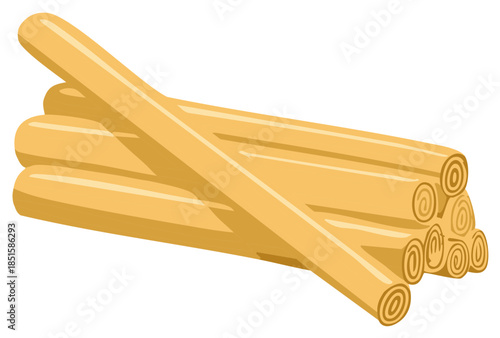 Pile of natural golden brown spice cinnamon sticks with spiral ends cooking ingredient