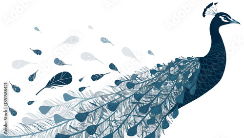 Majestic peacock with feathers floating in air on white