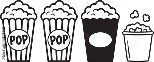 Popcorn bucket silhouette vector set, cinema snack icon collection, movie theater food illustration, striped box popcorn graphic for entertainment festival and film night