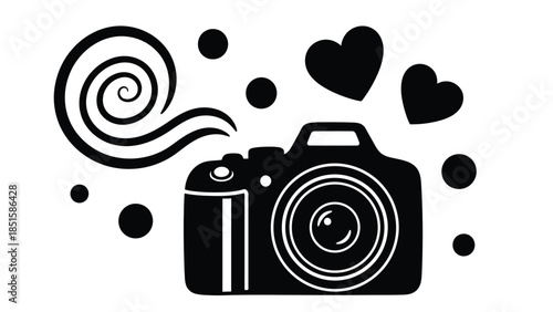 A black silhouette of a camera with hearts and a swirl design.