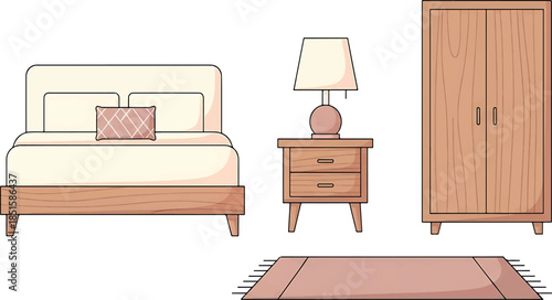 Flat lay illustration of a bedroom setup with a bed, nightstand, lamp, wardrobe, and rug on a white background.