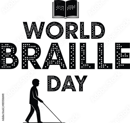 Celebrating world braille day with a minimalist graphic featuring an icon of a person using a cane and a book