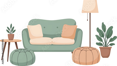 Flat lay of a cozy living room setup with a green couch, poufs, plants, and a lamp on a white background.